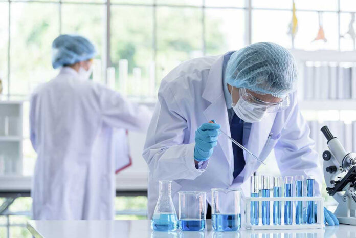 1365781304-1 Scientists working in a laboratory with test tubes