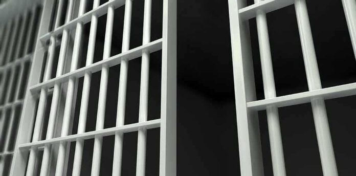 Close-up view of metal prison bars in a dark environment