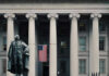 Taxpayer Biolabs EXPOSED — 120+ Worldwide US Treasury Department building with statue and flag.