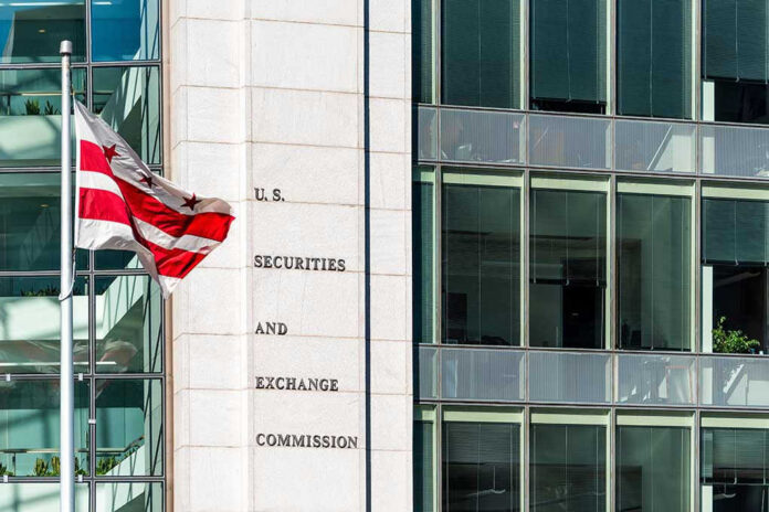 U.S. Securities and Exchange Commission building and flag.