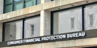Consumer Financial Protection Bureau building entrance sign.
