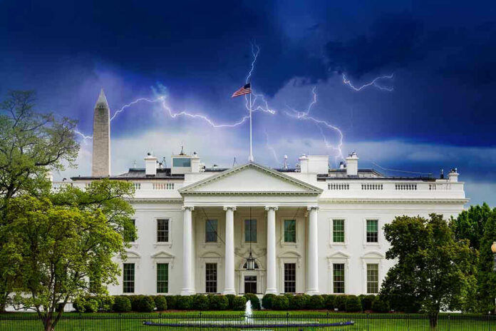 1815261437 White House under stormy sky with lightning bolts.