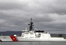Coast Guard Opens Fire A U.S. Coast Guard ship docked under cloudy skies