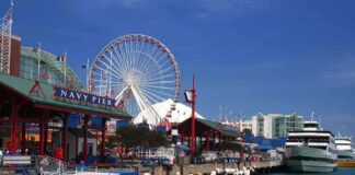 Navy Pier in Chicago with a ferris wheel and boats along the waterfront