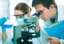 Lab Win, Bedside Bust? Alzheimer’s Twist Two scientists conducting an experiment in a laboratory, one looking through a microscope and the other holding a flask with blue liquid