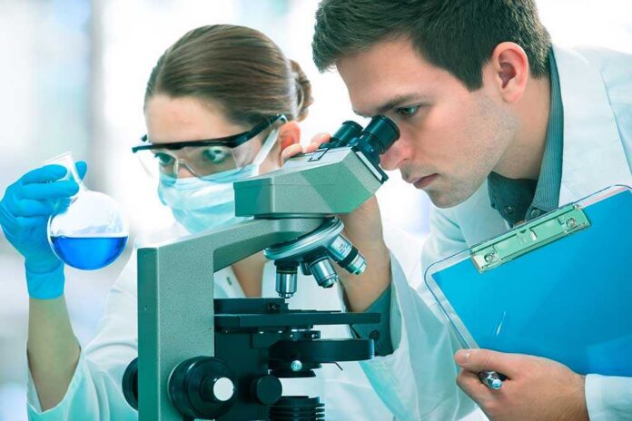 Group,Of,Young,Clinicians,Experimentation,In,Research,Laboratory Two scientists conducting an experiment in a laboratory, one looking through a microscope and the other holding a flask with blue liquid