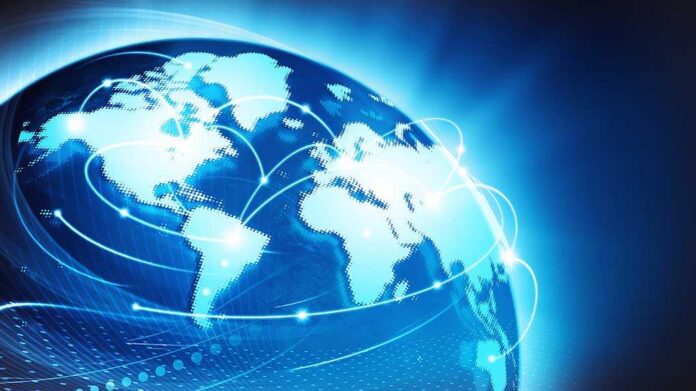 Illustration of a globe with digital connections and blue lighting