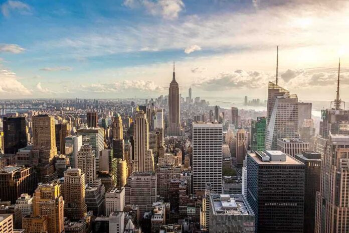 shutterstock_170076830 Aerial view of New York City skyline featuring the Empire State Building at sunset