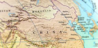 Map of China and surrounding countries in East and South Asia