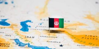 Afghanistan flag pin on a map of South Asia