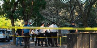 Police officers gather behind yellow tape on a tree-lined sidewalk