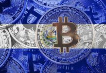 Bitcoin coins overlaid with El Salvador flag colors