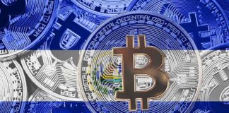 Bitcoin coins overlaid with El Salvador flag colors