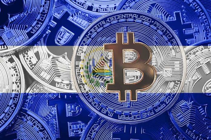 shutterstock_1129022477 Bitcoin coins overlaid with El Salvador flag colors