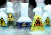 laboratory flasks with hazard symbols and colorful liquids