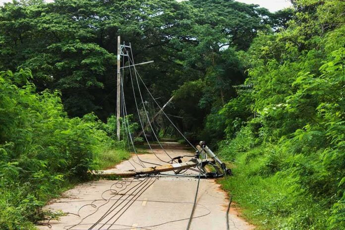 Fallen utility pole blocking a rural road