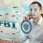 Beverly Hills Raid Jolts Swalwell Investigation Man on phone behind digital interface with FBI and cybersecurity graphics