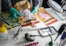 Forensic technician handling evidence bags on a lab table