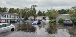 Flooded residential street with partially submerged cars
